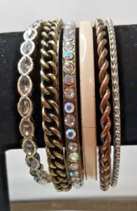 Bangles Bracelets Set of 6 Mixed Styles Copper Silver Tone Enamel Crystals Vtg - Picture 1 of 5