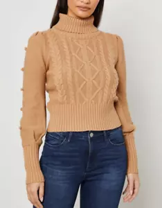 BCBGMAXAZRIA Womens Camel Cable Knit Turtleneck Sweater Sleeve Accent Size XS - Picture 1 of 5