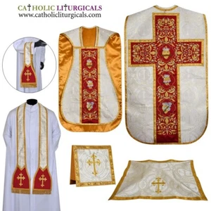 Gold Roman Fiddleback Chasuble & 5 pc mass set with Three Holy Hearts Embroidery - Picture 1 of 1