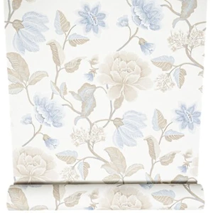 Blue Brown Floral Wallpaper White Textured Slight Imperfect Feature Wall Vinyl - Picture 1 of 8