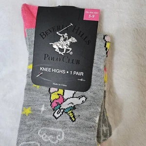Women's Gray Beverly Hills Polo Knee High Socks size 5-9 Unicorn Rainbow Clouds  - Picture 1 of 4
