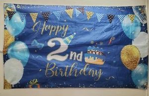 Happy 2nd Birthday Banner Flagge blau Dekor Neu 72 x 43 1/2 Zoll - Bild 1 von 2