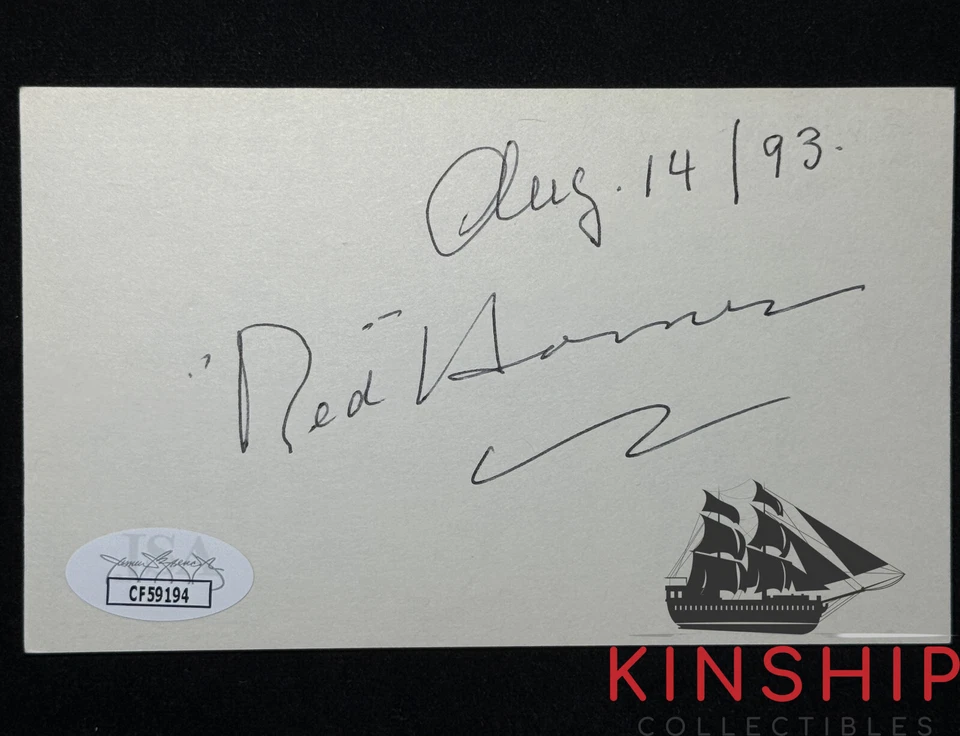 Red Horner signed 3x5 Index Card JSA COA Inscribed Hockey HOF Auto I105 - Image 1 of 1
