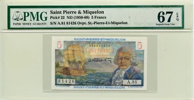 Saint Pierre et Miquelon, 5 Francs 1950-60, Pick #22 - PMG 67 EPQ - Image 1 of 2