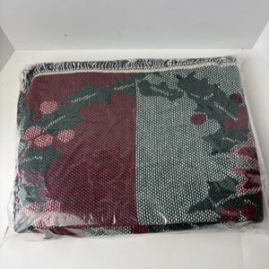 Throw Blanket Tapestry Holly Leaves Fringe 54" x 46" New - Picture 1 of 7