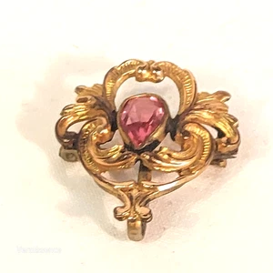 Victorian Art Nouveau Gold Tone Pink Teardrop Crystal Brooch Pendant Vintage - Picture 1 of 9