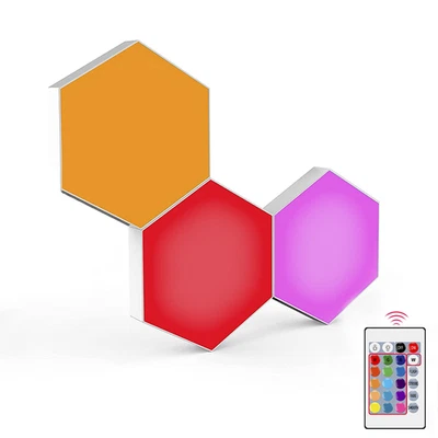 Luce LED Esagonali RGB 3pz Lampade Faretti Applique Da Parete con Telecomando - Immagine 1 di 4