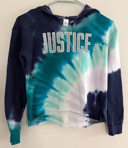 JUSTICE Girls Hoodie Tye Dye Distressed Blue Green Glitter Logo Pullover Size 8 - Picture 1 of 10
