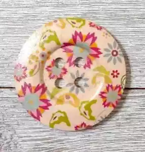 natural large wood button sewing 4 holes 2 inch red blue flower USA - Picture 1 of 2