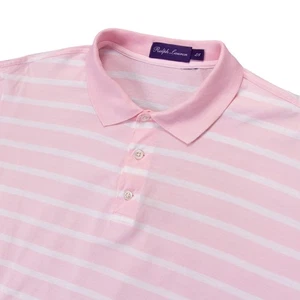 Ralph Lauren Purple Label Mens L Pink White Stripe Cotton Polo Shirt - Picture 1 of 13