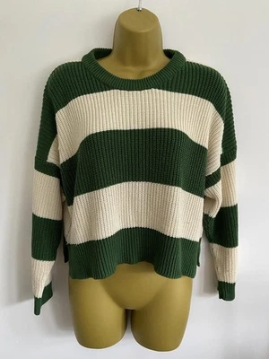 Stradivarius Green & Cream Striped Cropped Jumper - Chunky Rib Knit, Size Large - Image 1 of 4