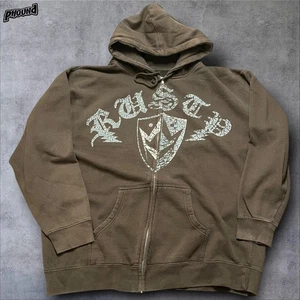 Rusty Hoodie Mens 2XL Brown Full Zip Graphic Shield Gothic Surf Skate Streetwear - Picture 1 of 11