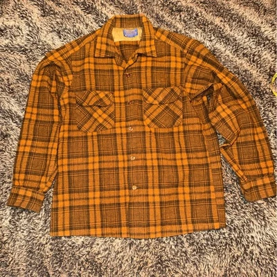 Pendleton Orange Brown Plaid Pumpkin medium flap pocket 60s 70s vintage wool - Image 1 of 4