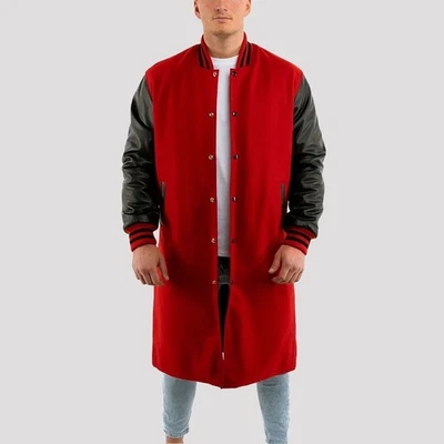 Men’s Scarlet Red Wool & Black Leather Long Varsity Coat – Classic Letterman Sty - Image 1 of 4