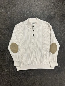 L.L. Bean Henley Cable Knit Sweater Elbow Pads Cream Mens 3XL Fisherman - Picture 1 of 6