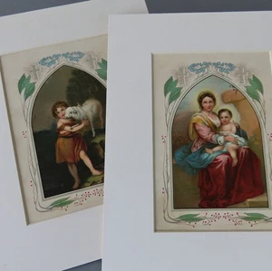 2 Antique c1900 HOLY Chromos MADONNA + Baby / Child w LAMB * Custom 10" Mats - Picture 1 of 6