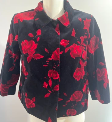 Blazer Talbots Terciopelo Negro Rojo Floral 10P 10 Pequeño Abotonado Foto 1 de 4
