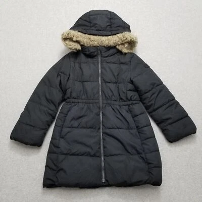Gap Puffer Jacket Kids Small Black Full Zip Girls Pockets Hooded Faux Fur - Image 1 of 4