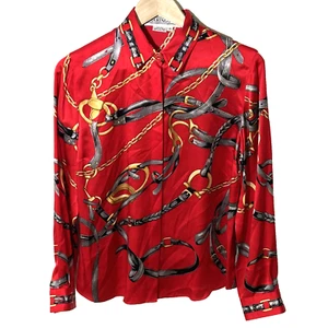 Vintage 90's Silk Blouse Size 6 Equestrian Horse Bit Button Up Top Starington - Picture 1 of 7