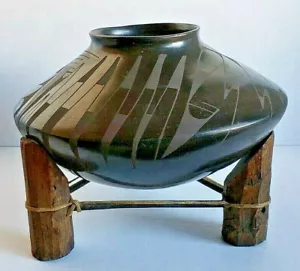 RAR Signiert Gris Camacho Schwarz Modern Deko Schale Vase auf Holz Sehnenfuß - Bild 1 von 10