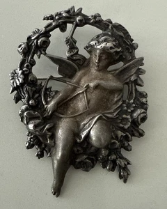 RARE Vintage Sterling Silver .925 Cupid Eros With Bow Floral Pin Brooch Pendant - Picture 1 of 7