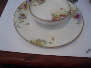 Vintage Nippon Serving Plate With Attached Bowl Hand Painted FLORIAL RAISED GOLD - Picture 1 of 8