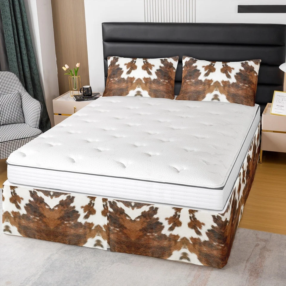 Falda de cama con estampado de vaca tamaño doble 15 pulgadas caída patrón de piel de animal cama de microfibra... Foto 1 de 4