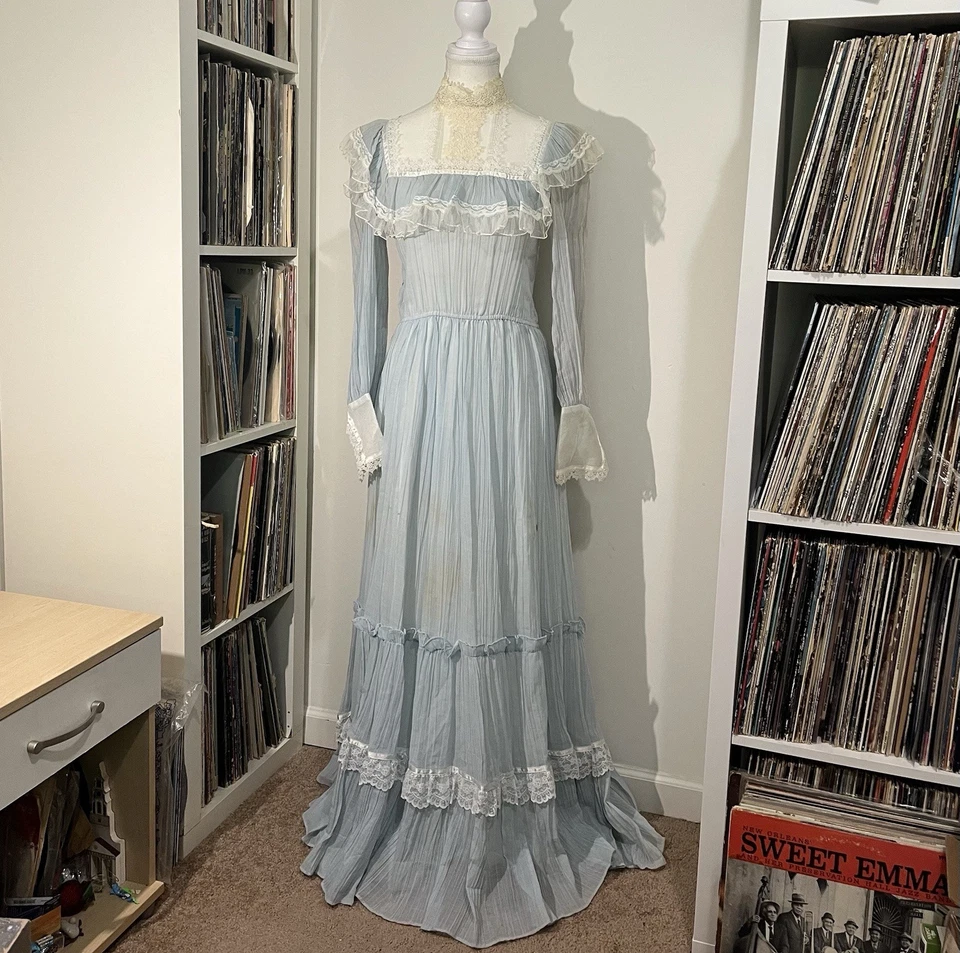 Vintage 70’s Gunne Sax Blue White Lace Ruffle Victorian Cottage Prairie Dress 7 - Image 1 of 4