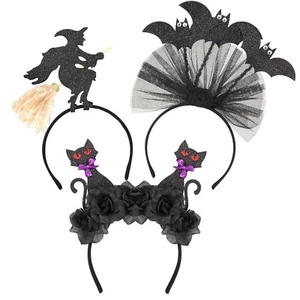 Needzo Halloween 2023 Black Cats Bats And Flying Witch Deluxe Headband Set of 3 - Picture 1 of 5
