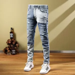 Men Fashion Ripped Slim Fit Elastic Denim Jeans Casual Breathable Stretch Pants - Picture 1 of 17