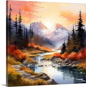 Montañas Árboles Río Pintura Paisaje Lienzo Envoltura 20 x 20 Arte de Pared - Imagen 1 de 3