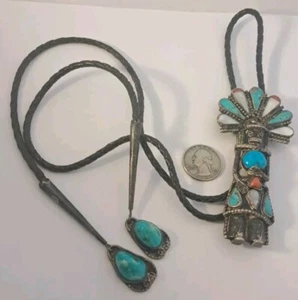 Rare HOPI JOHNY BLUE JAY Sterling Silver Gemstones Bolo Tie KACHINA w/ TIPS - Picture 1 of 22