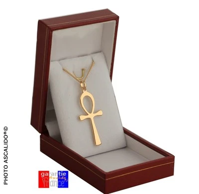 ASCALIDO Pendentif Croix Ansée Egyptienne Ankh En Véritable Plaqué or avec chaine + ecrin