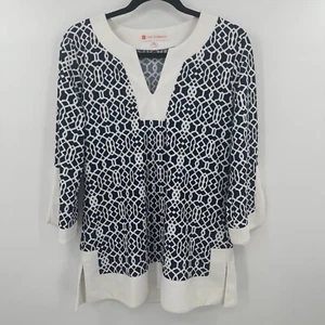 Jude Connally Blue White Geometric Long Sleeve Blouse Top Sz Medium - Picture 1 of 7