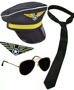 Adult Mens Pilot Airline Captain Uniform Aviator Fancy Dress Costume Accessories - Picture 1 of 5