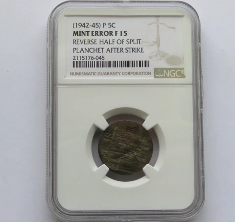 1942-1945 WAR NICKEL - REV HALF OF SPLIT PLANCHET AFTER STRIKE NGC F 15 - F#6045 Cover