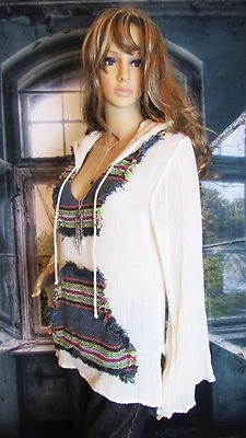 Jen's Pirate Booty Baja Denim Blue Mexican Blanket Gauze Hoodie Top. Size M/L. Foto 1 de 4