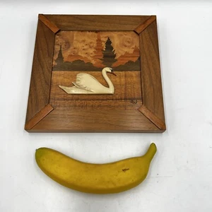Robert W Johnson Signed Wood Marquetry Inlay Swan Hanging 1980's Art Vintage - Picture 1 of 12