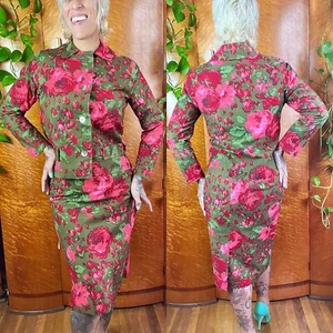 TAILORED & SOPHISTCATED Red ROSE Print 60’s 60s Vintage Skirt Jacket Suit Set S - Picture 1 of 10