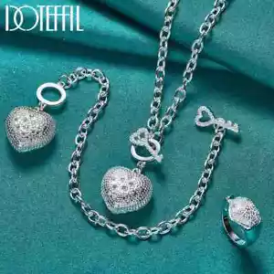 DOTEFFIL 3pcs 925 Sterling Silver AAA Zircon Heart Ring Bracelet Necklace Set - Picture 1 of 7
