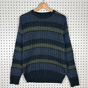 Vintage Bass Green Blue Striped Chunky Knit Sz Medium Sweater Grandpa 90s Blend - Picture 1 of 6