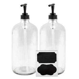 32oz Clear Glass Pump Bottles w/ Black Plastic Pumps and Black Labels 2pk - Picture 1 of 10