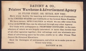 c 1880 cartolina postale Dauchy & Co Printers Warehouse 191 Fulton St New York/pubblicità - Foto 1 di 2