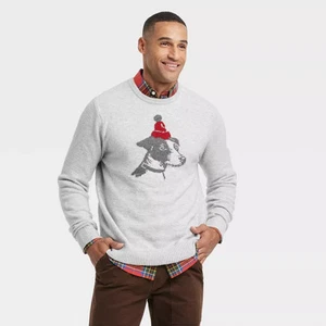 Men's Holiday Dog Crewneck Pullover Sweater - Goodfellow & Co Gravel Gray - Picture 1 of 3