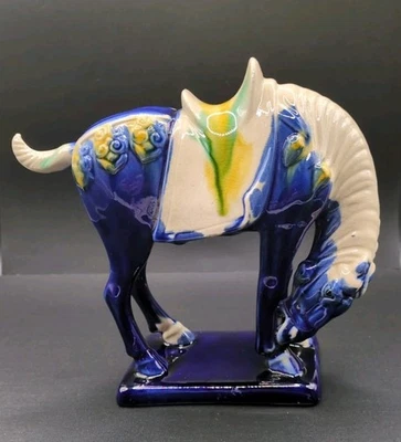 Vintage Tang Dynasty Style China Drip Glazed Ceramic Numbered Horse Blue White - Image 1 of 4