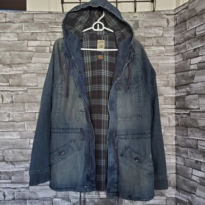 Vintage Volcom Denim Flannel Jacket Full Zip + Button Hooded Heavyweight Size 32 - Image 1 of 4