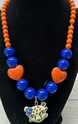 Leopard Blue & orange Heart Beaded Acrylic Pendant Necklace 8.25” Drop - Image 1 of 4