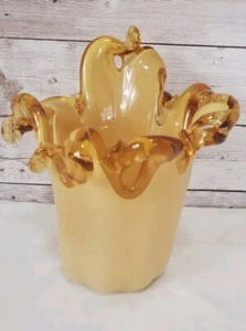 Beautiful Murano Italy White Cristal Amber Yellow Swirl Hand Blown Glass Vase - Picture 1 of 17