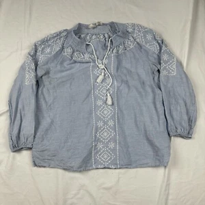 Joie Size M Blue 100% Linen Peasant Top Blouse White Embroidered Tassel Boho - Picture 1 of 9