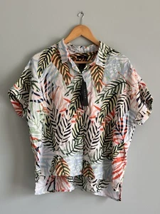 NWT Tahari Women’s 100% Linen Multi Leaf Short Sleeve Button Up Shirt Size XL - Picture 1 of 8
